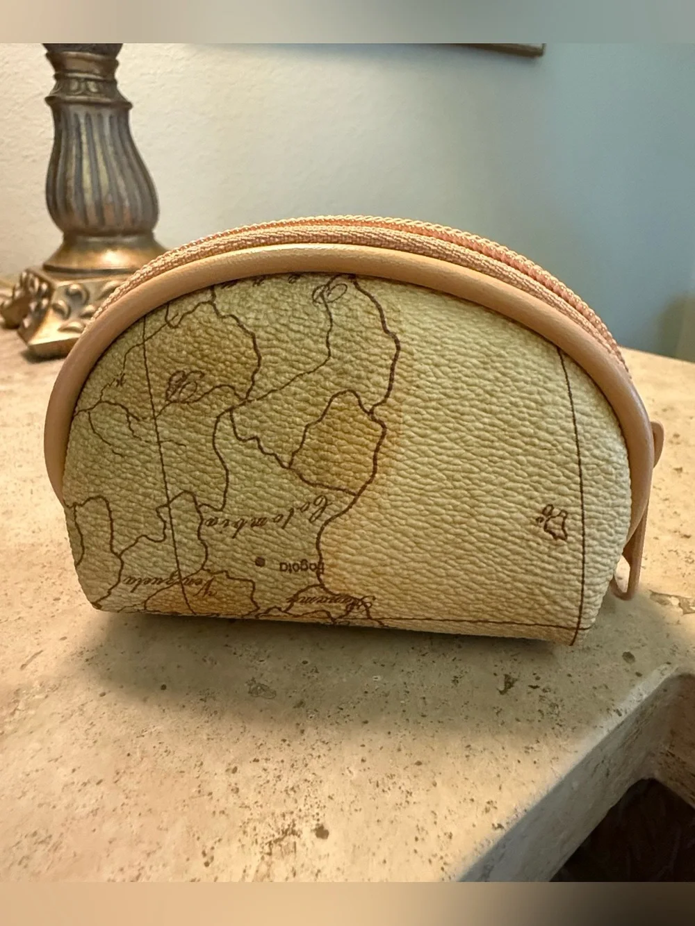 Map Print Cosmetic Pouch in Cream and Tan
